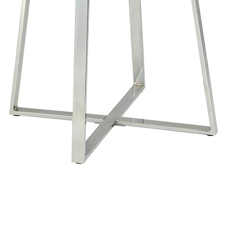 Round Glass Top Metal Frame Bar Table with Angled Legs, Silver and Clear - Benzara