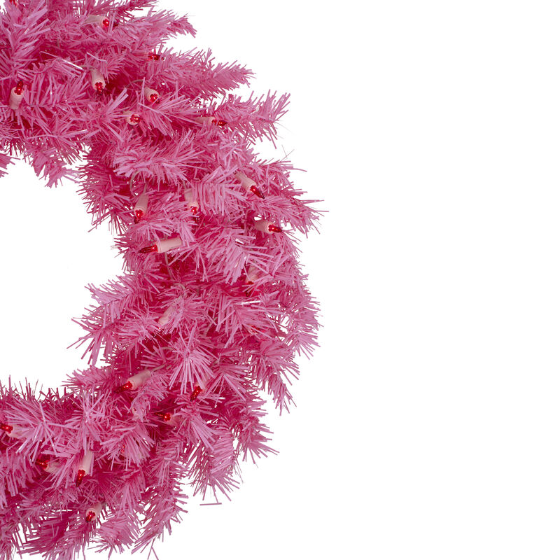 24" Pre-Lit Pink Spruce Artificial Christmas Wreath  Pink Lights