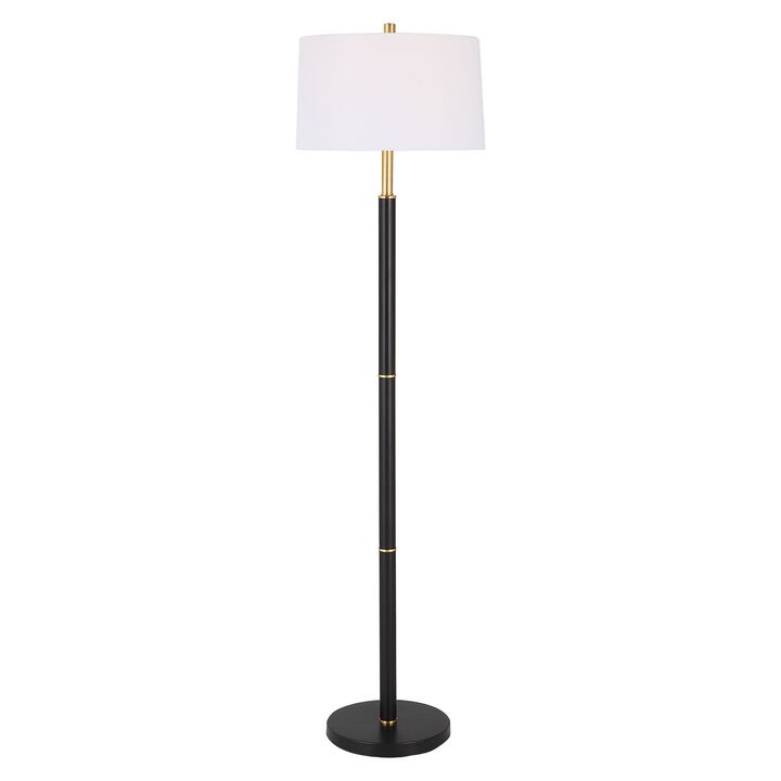 62 Inch Floor Lamp, White Tapered Hardback Shade, Black with Gold Accents - Benzara