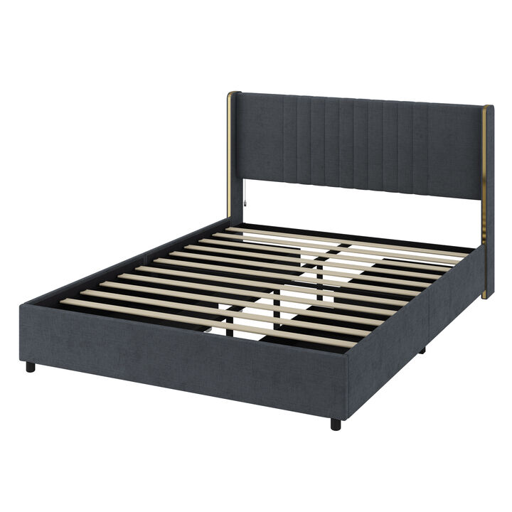 Gray Wood Frame Queen Size Bed Platform Bed Panel Bed With 4-Drawers, Color-Changing LED Lights, Bluetooth