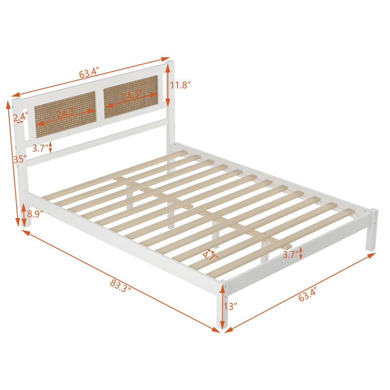Queen Bed Bedroom Set with Woven Rattan Headboard and Nightstands