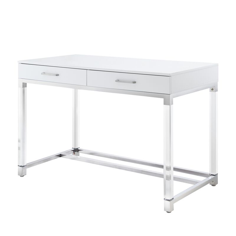 Inspired Home Kalel High Gloss 2 Drawers Writing Desk with Acrylic Legs and Stainless Steel Base