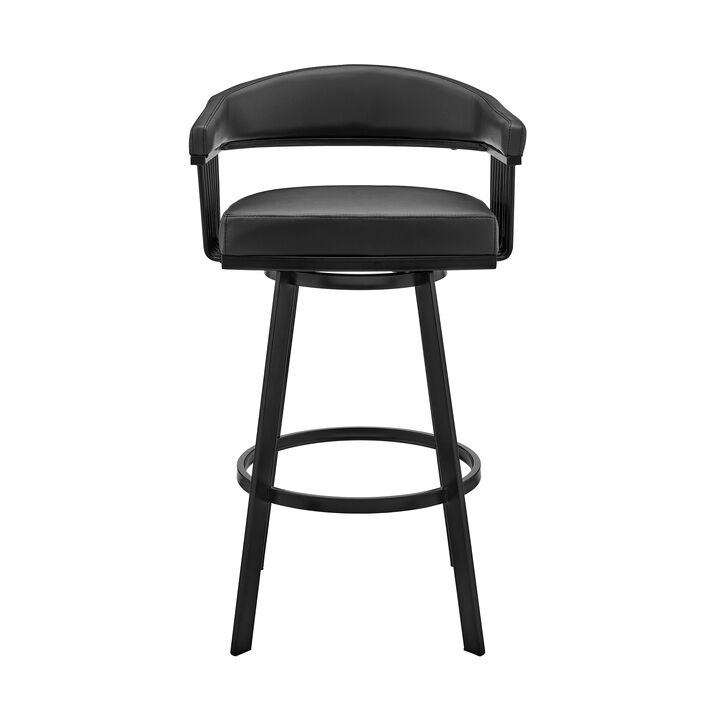 Swivel Barstool with Open Metal Frame and Slatted Arms, Black-Benzara