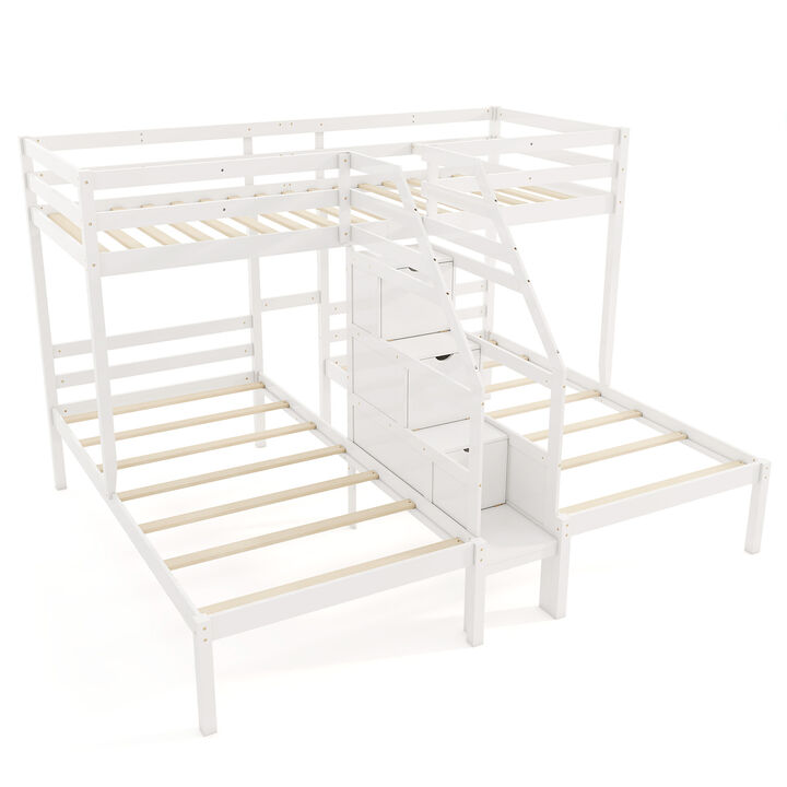 Bunk Bed with Storage Staircase and Guardrail for 3 Kids Teens
