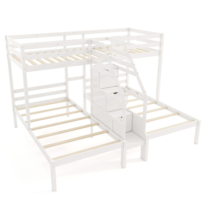 Bunk Bed with Storage Staircase and Guardrail for 3 Kids Teens