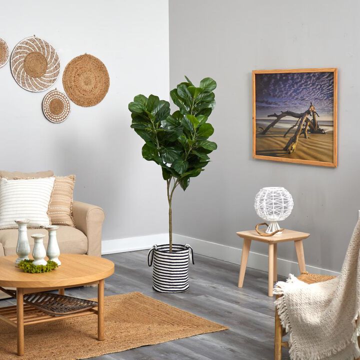 Hivvago 6 Feet Fiddle Leaf Fig Artificial Tree in Handmade Black and White Natural Jute and Cotton Planter