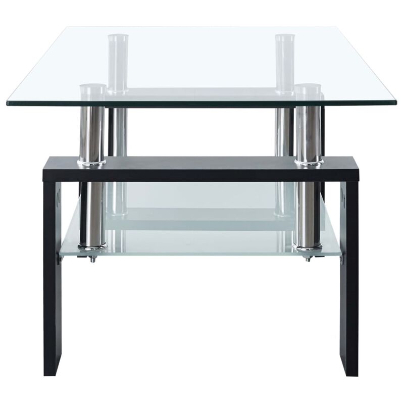 vidaXL Tempered Glass Coffee Table with Melamine Legs, Modern 2-Tier Design, Easy to Clean, Black and Transparent, 37.4"x21.7"x15.7"