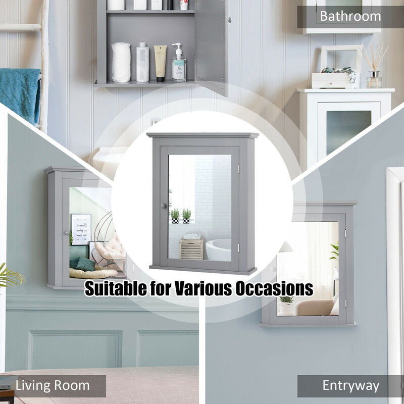 Costway Bathroom Mirror Cabinet Wall Mounted Adjustable Shelf Medicine Grey