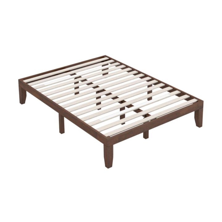 Hivvago 14 Inch Queen Size Rubber Wood Platform Bed Frame with Wood Slat Support-Walnut