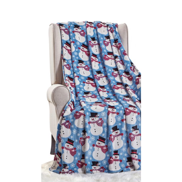 Plazatex Blue Snowman Micro plush Decorative All Season Blue Color 50" X 60" Throw Blanket