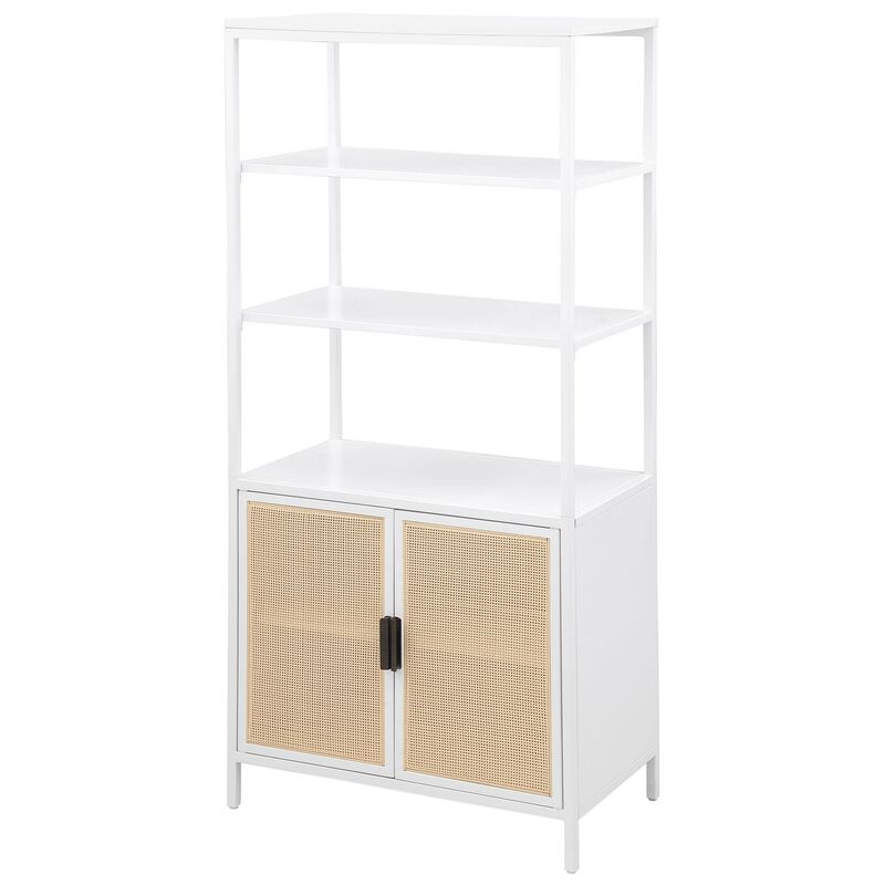 Lanie Tall Accent Cabinet, 3 Shelves 2 Doors, PE Cane, White Metal - Benzara