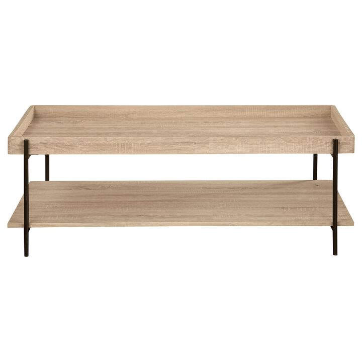 Allen Coffee Table, Tray Top, Shelf 47 Inch Brown Wood, Black Metal - Benzara