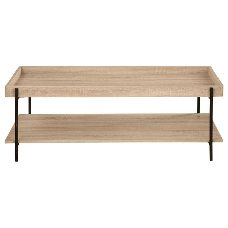 Allen Coffee Table, Tray Top, Shelf 47 Inch Brown Wood, Black Metal - Benzara