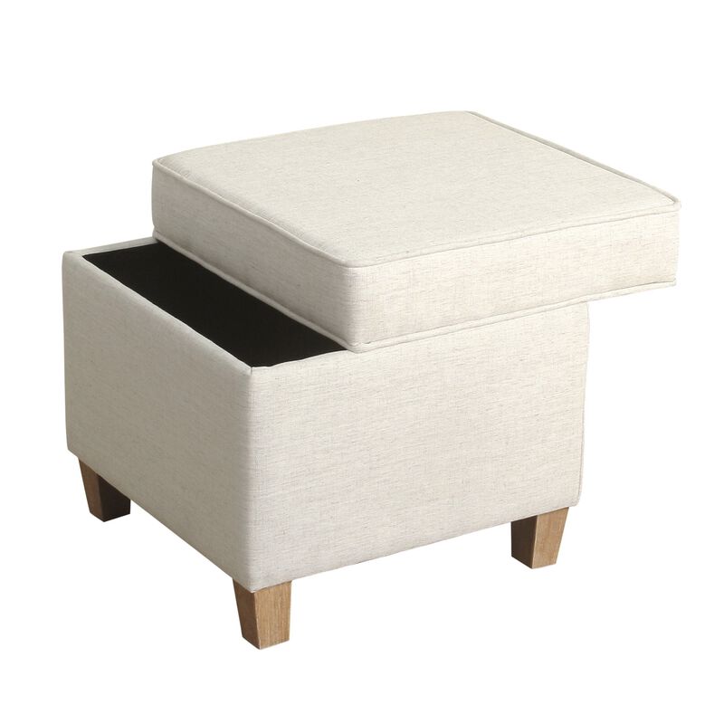 Square Shape Fabric Upholstered Ottoman with Lift Off Top and Wooden Tapered Feet, White and Brown - Benzara