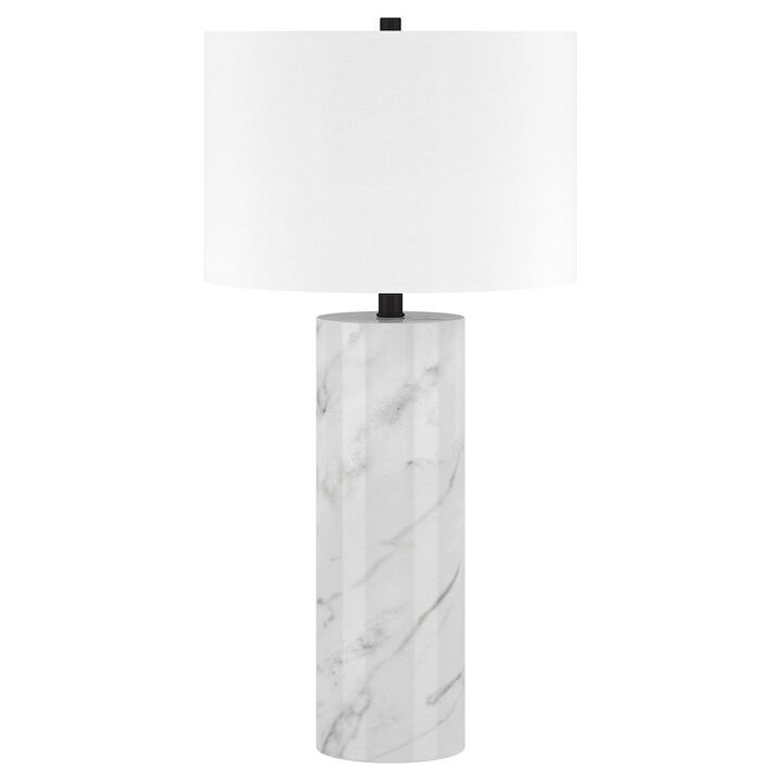 HomeRoots 30 White Marble Cylinder Table Lamp With White Drum Shade