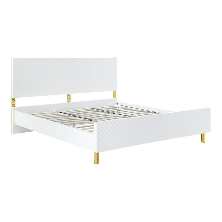 Tyra Modern Queen Bed, Panel Headboard, Luxury Textured Chevron, White Gold-Benzara