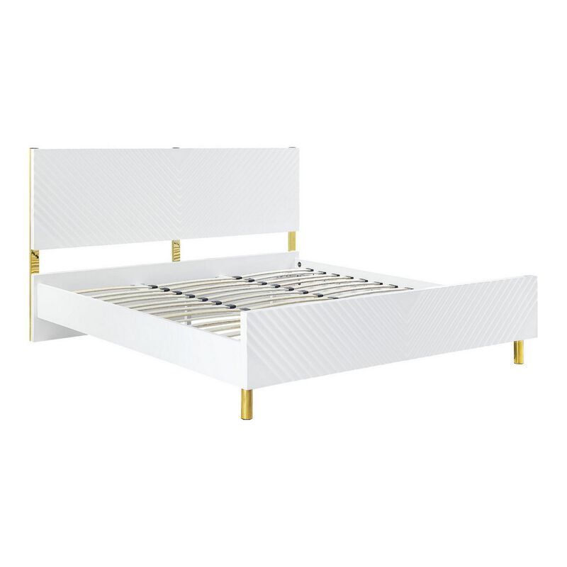 Tyra Modern Queen Bed, Panel Headboard, Luxury Textured Chevron, White Gold-Benzara