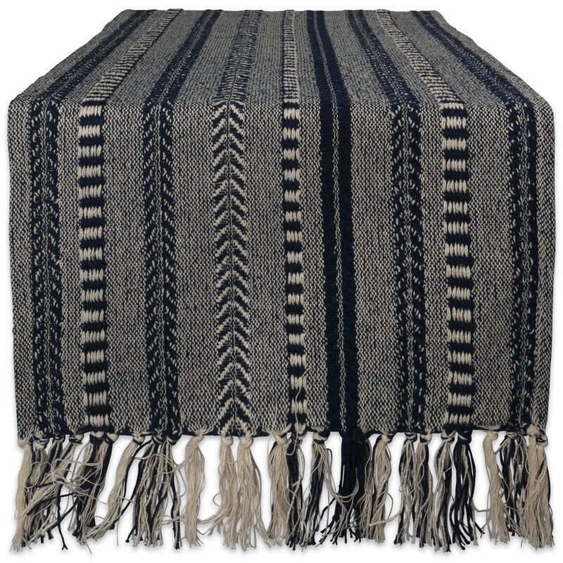 72" Blue and Gray Braided Stripe Rectangular Table Runner with Tassel Knots