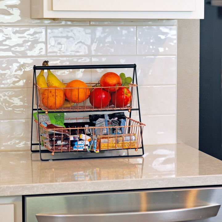 Sunnydaze 2-Tier Wire Storage Basket with Handle for Countertop - Copper