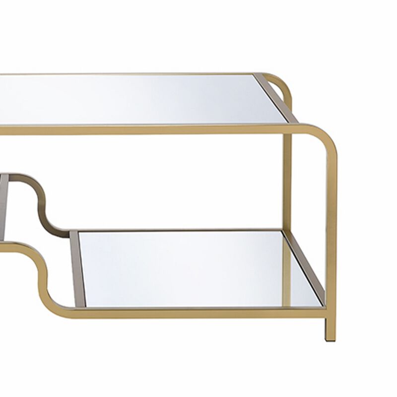Metal Framed Mirror Coffee Table with Tiered Shelves, Gold and Mirror-Benzara