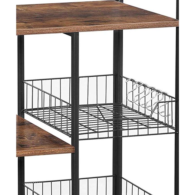 2 Mesh Basket and 6 Hooks Wood and Metal Frame Bakers Rack, Brown and Black - Benzara