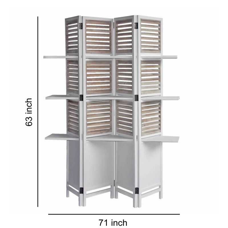 Contemporary 4 Panel Wooden Screen with Art Styled Shutter Design, White - Benzara