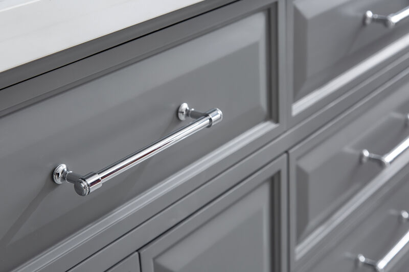 Palace 72 In. Double Sink Carrara Quartz Countertop Bath Vanity in Cashmere Grey with Chrome Hardware and Rectangular Pivot Mirrors