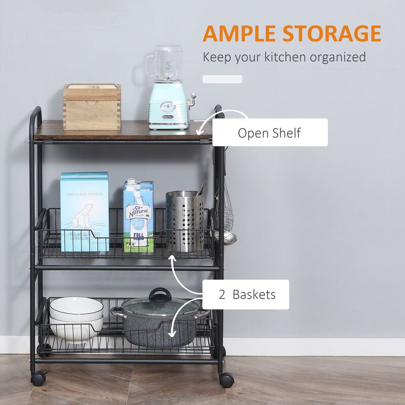 Brown Culinary Aid: 24" 3-Tier Rolling Cart with Basket Drawers