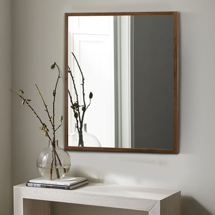 Noe 40 Inch Modern Wall Mirror, Sleek Wood Frame, Walnut Veneer-Benzara