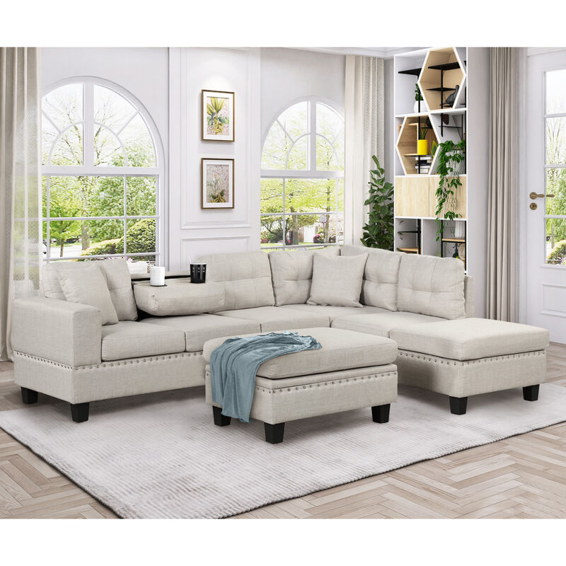 104.5" Modern Sectional Sofa with Storage Ottoman, L-Shape Couch with 2 Pillows and Cup Holder,Sectional Sofa with Reversible Chaise for Living Room,Light Gray