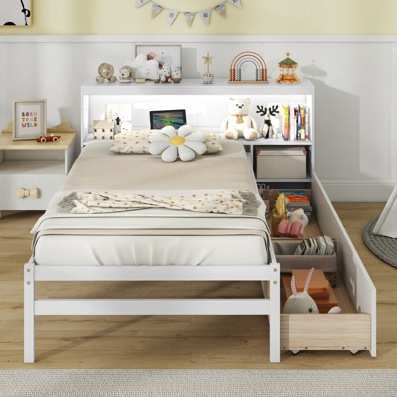 Bed Frame with LED Light and Bookcase Headboard