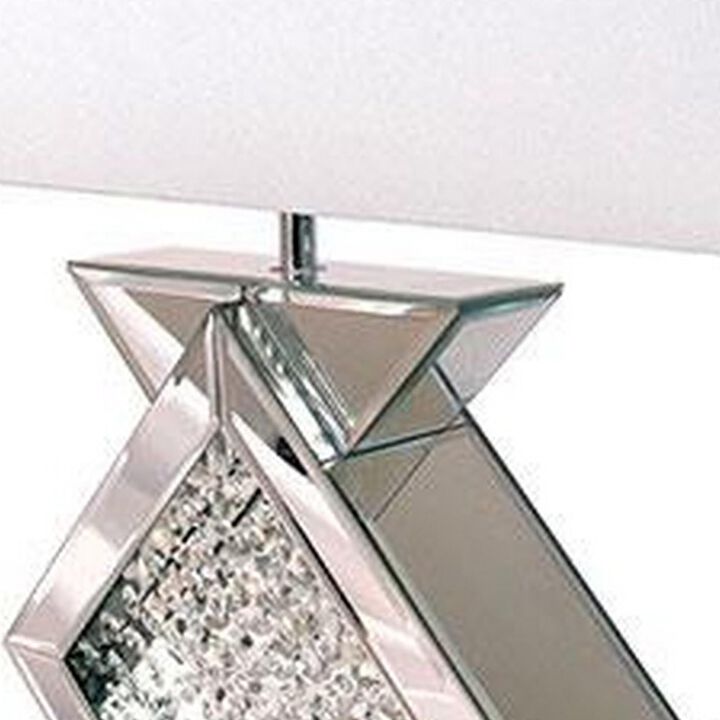 Benjara 27 Inch Table Lamp, Acrylic Crystals, Diamond Base, Metal, Champagne Silver and White