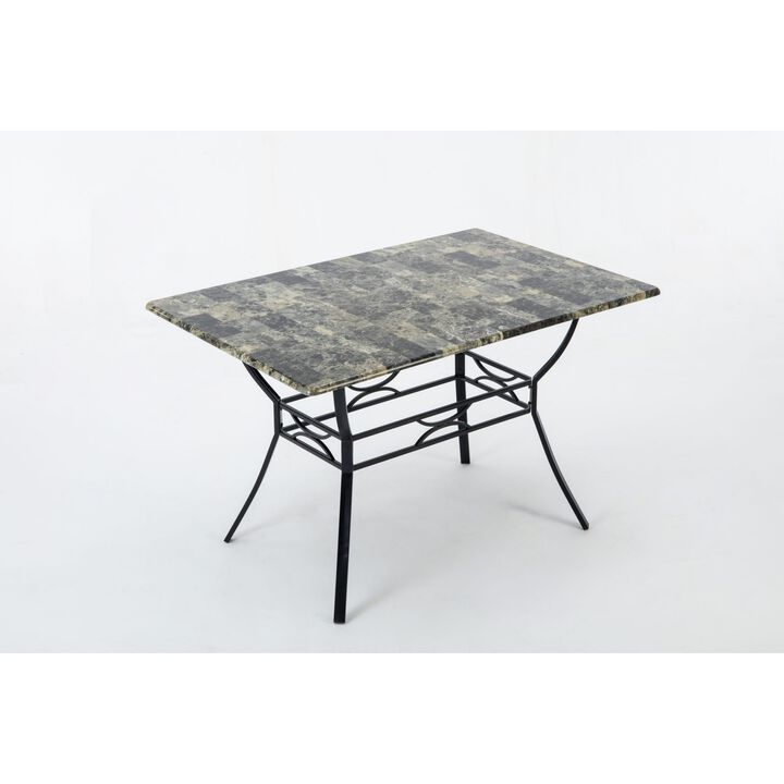 Bien 5 Piece Dining Table and Chair Set, White Metal, Gray Faux Marble - Benzara