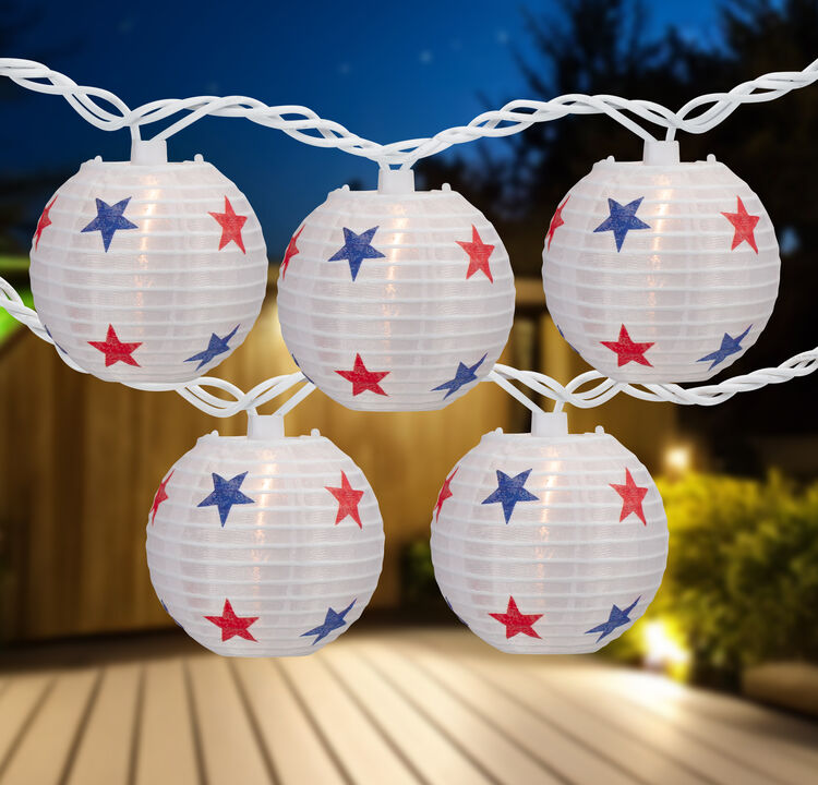 Patriotic Stars Paper Lantern Patio Light Set - 8.5' White Wire - 10ct