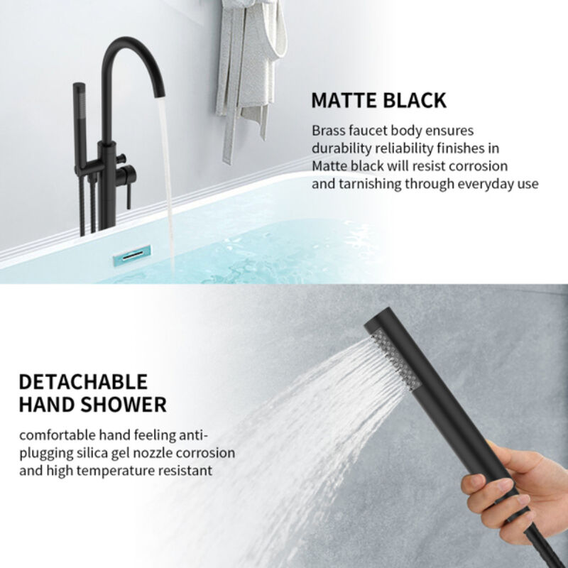 Floor Mount Bathtub Faucet, Single Handle Freestanding Tub Filler with Hand Shower, 6 GPM