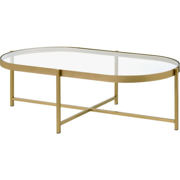 Coffee Table with Oblong Glass Top and Metal Frame, Gold-Benzara