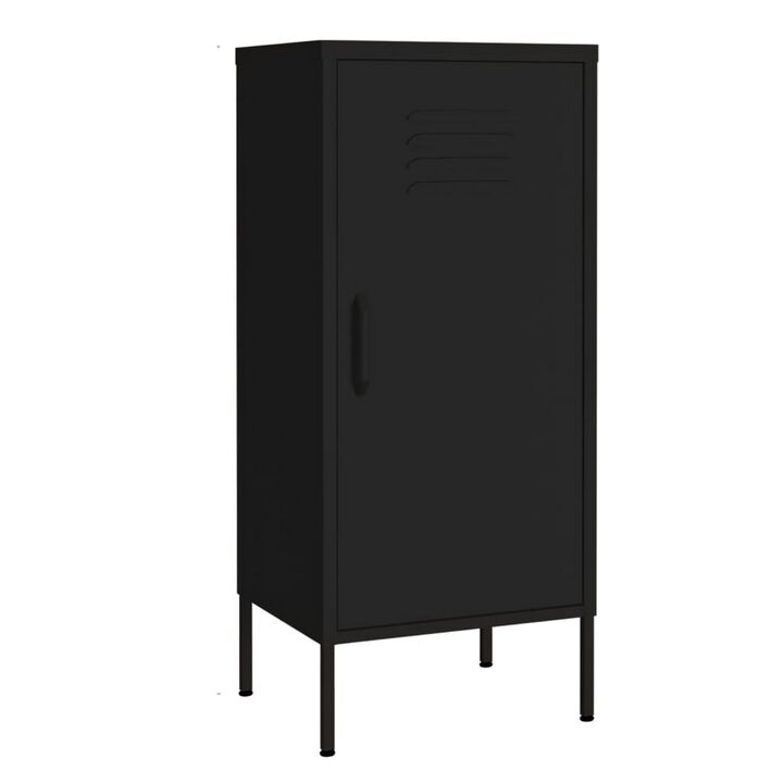 Tall Storage Cabinet, 1 Door, 2 Shelves, Modern Matte Black Steel - Benzara