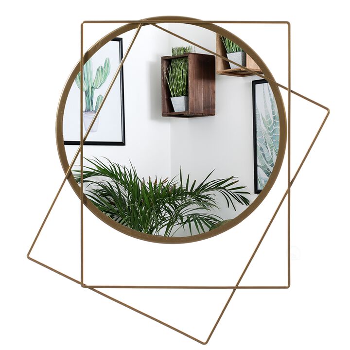 Uniquewise Decorative 20-inch Circle Mirror Featuring 2 Squares Shaped Gold Metal Frame - Perfect for Living Room, Bedroom, Vanity, Entryway, Hallway - Modern Wall Mounted Mirror with Sleek Design