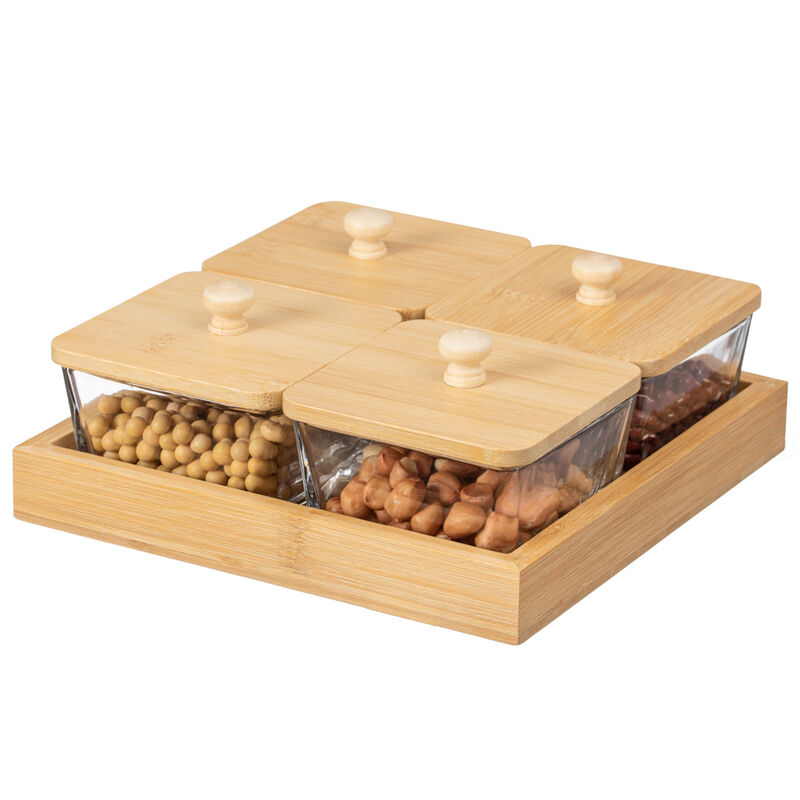 Basicwise Set of 4 Square Glass Jars with Bamboo Lids and Wooden Tray – Square Charcuterie, Snack Organizer and Fruit Platter for Party, Candy Jars, Cookies, Nuts, Fruits and Snack Box