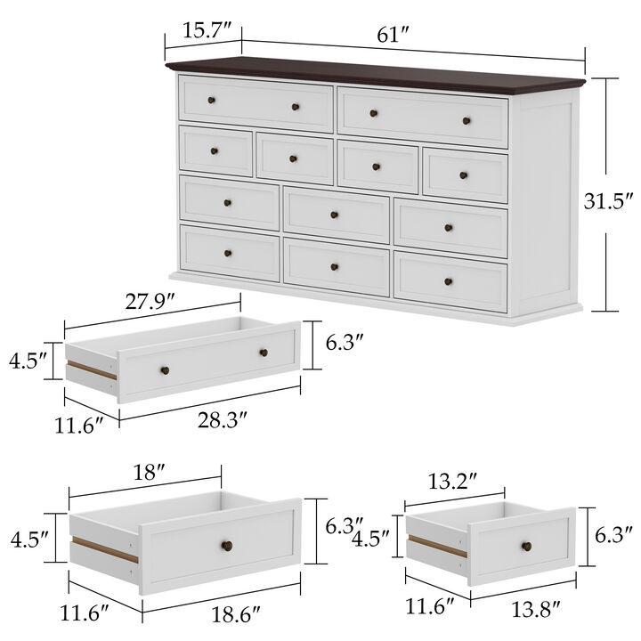 12-Drawer White Wood Dresser Storage Cabinet Vintage Style 31.5 in. H x 61 in. W x 15.7 in. D