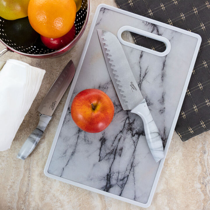 Gibson Home Beaumont 3 Piece Stainless Steel Santoku Knife Set with Cutting Board in White Marble