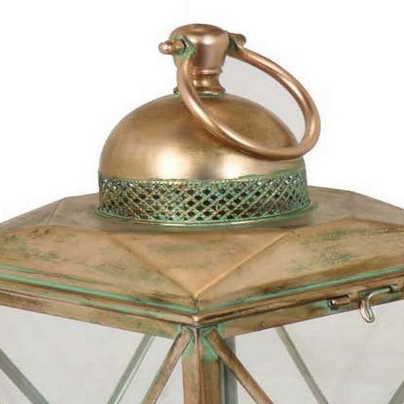 20 Inch Decorative Lantern Set of 2, Glass Panel, Cross Metal Frame, Gold - Benzara