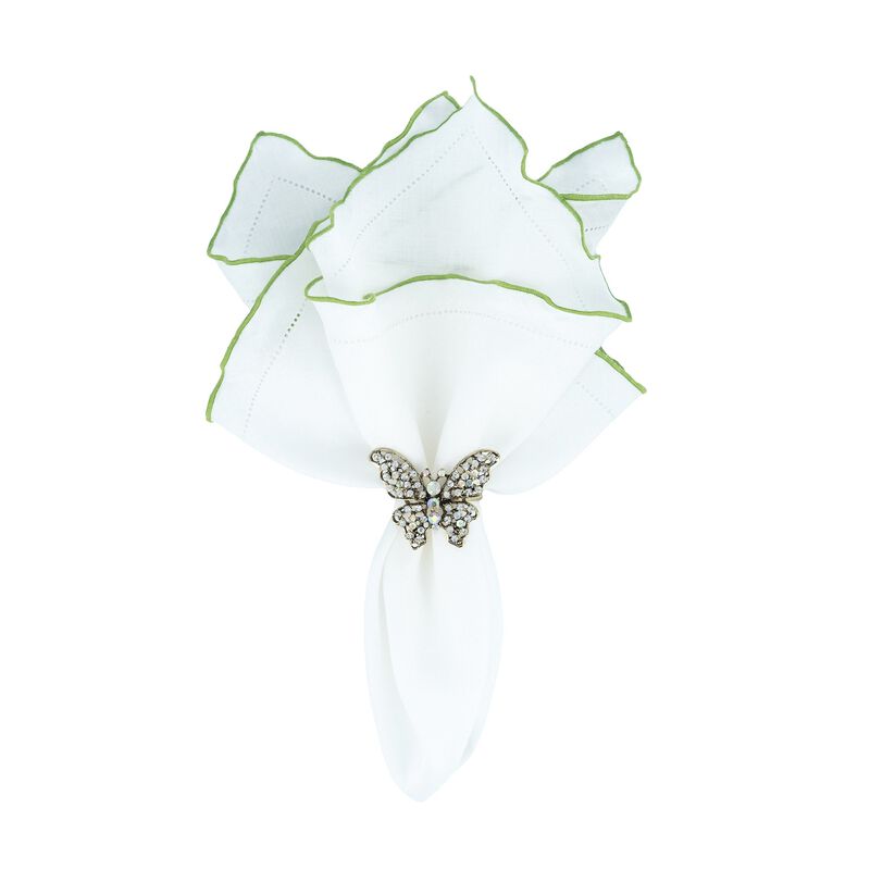 Linen Napkins With Green Ruffled Hemstitch Edges, Set of 4