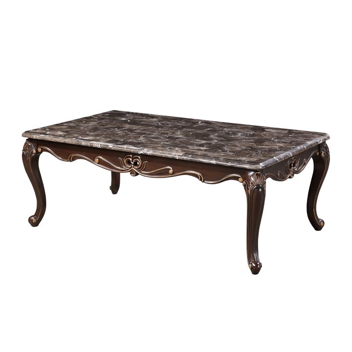 Cona 54 Inch Cocktail Coffee Table, Carved Gold Accent, Cherry Brown, Gray - Benzara