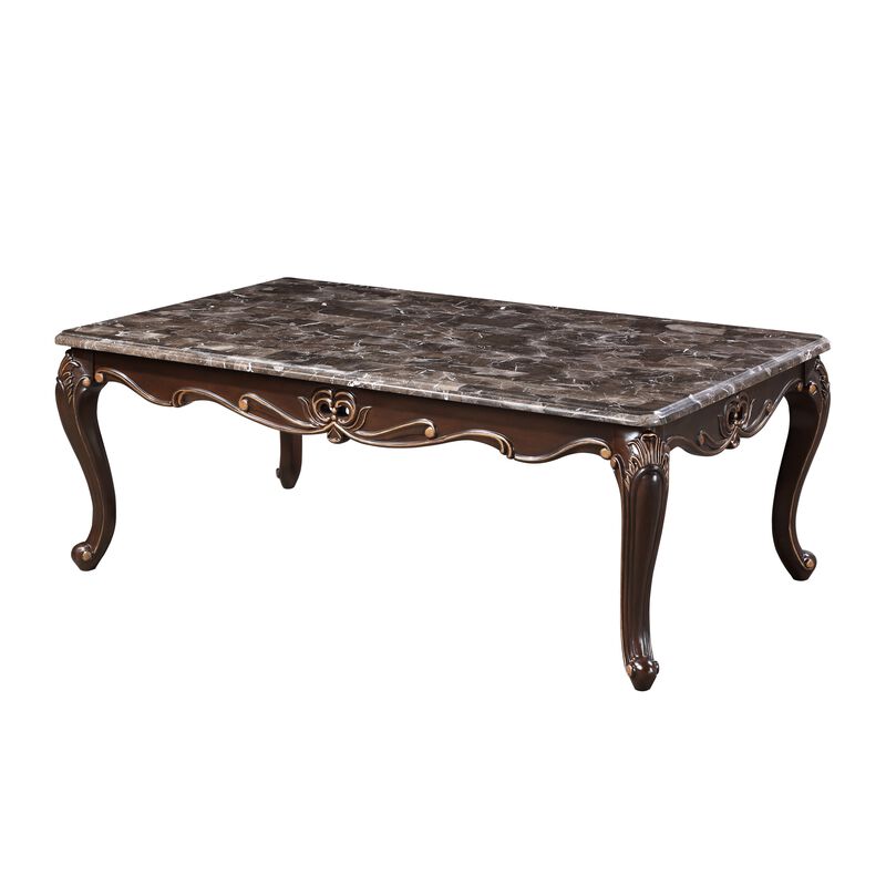 Cona 54 Inch Cocktail Coffee Table, Carved Gold Accent, Cherry Brown, Gray - Benzara