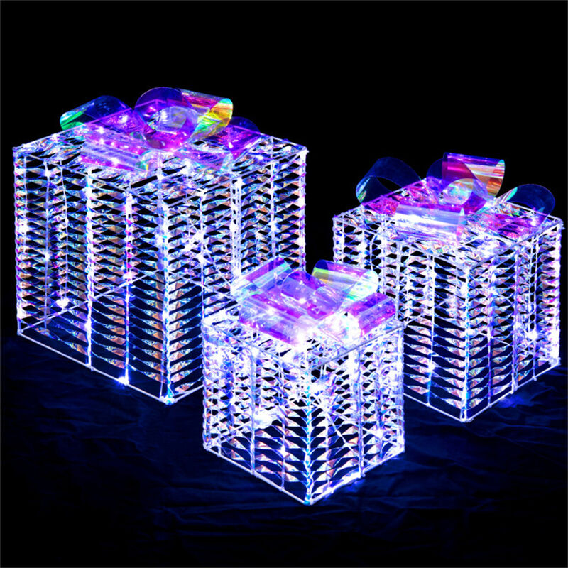 Set of 3 Lighted Christmas Gift Boxes with Bows for Holiday Decor