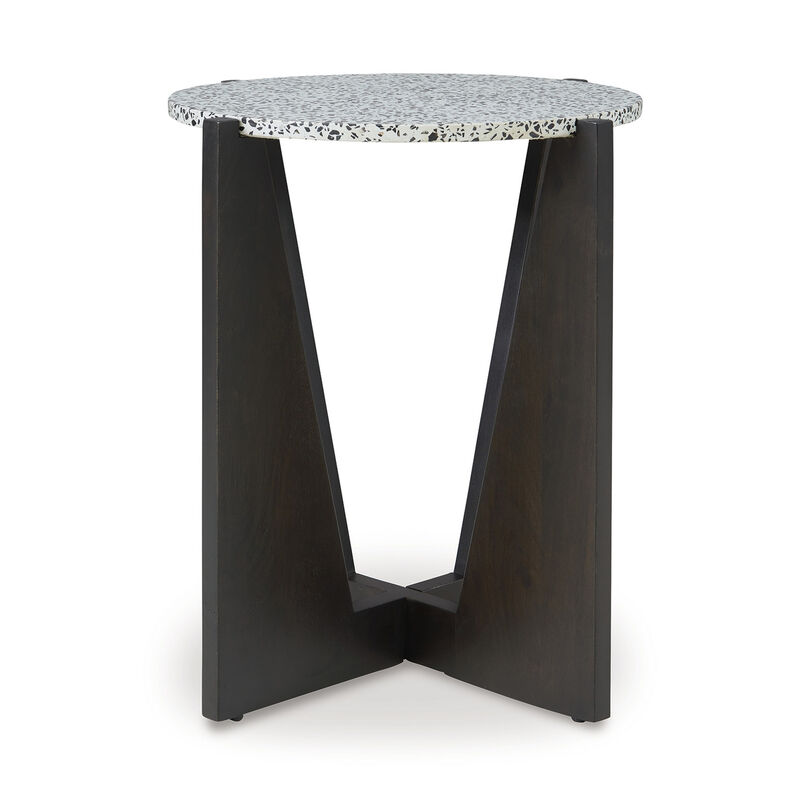 Accent Table, Round Terrazzo Tabletop, 25 Inch, Dark Brown Mango Wood - Benzara