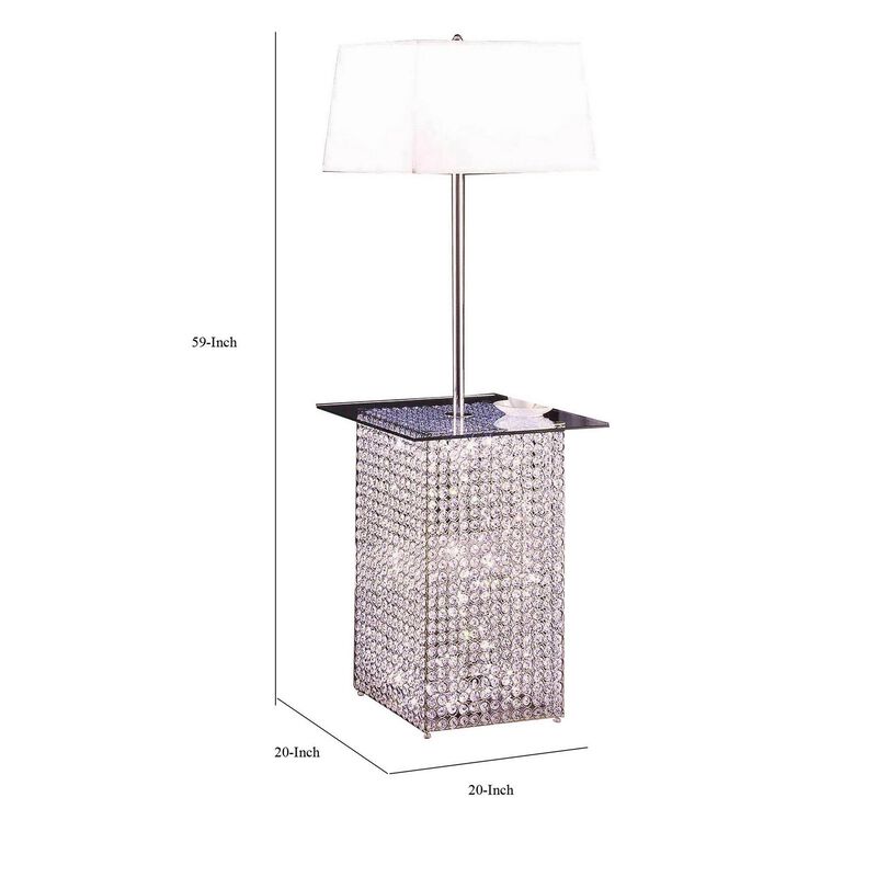 59 Inch Floor Lamp with Glass Tabletop, Crystal Stand, Metal, Clear-Benzara
