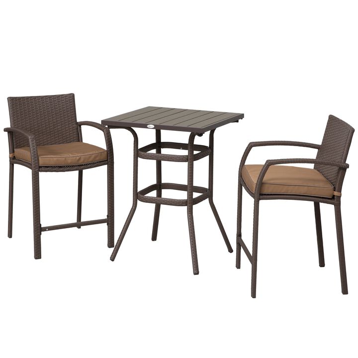 Brown Patio Bar Set: 3-Piece Rattan Outdoor Set with Wood Table