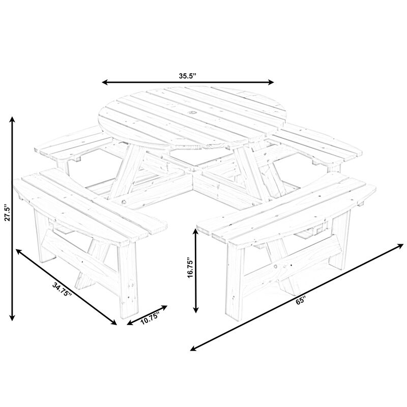 Wooden Outdoor Patio Garden Round Picnic Table with Bench, 8 Person - Stained